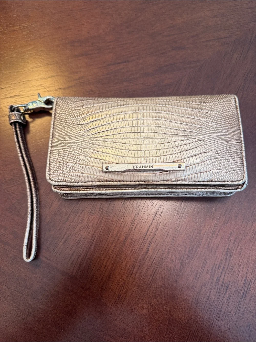 Brahmin Champagne Metallic Lizard-Embossed Wristlet Clutch
